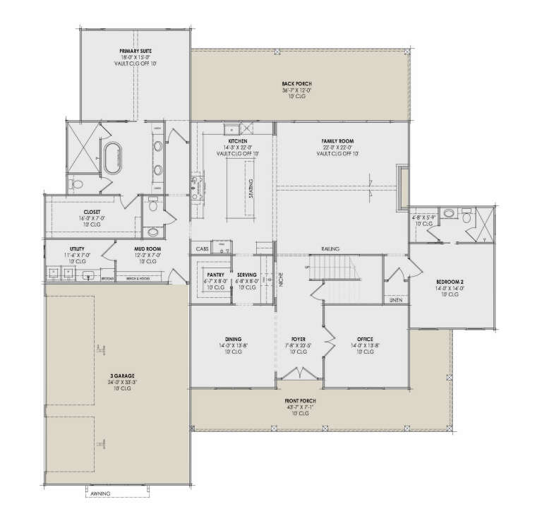 Main Floor: 2BR, 2.5BA, Office, Kitchen, Dining, Family, Pantry, Ldry, Mud, 3-car garage, Porches, Vaulted ceilings, Stairs. House Plan # 7983-00204 Main Floor Floor Plan Drawing by America's Best House Plans, Inc.