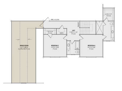 Second Floor: 2 BR, 1 BA, Loft, Bonus Room, Attic access, Linen closets. 9' ceilings, 10' ceiling in bath. Stairs. House Plan # 7983-00204 Second Floor Floor Plan Drawing by America's Best House Plans, Inc.