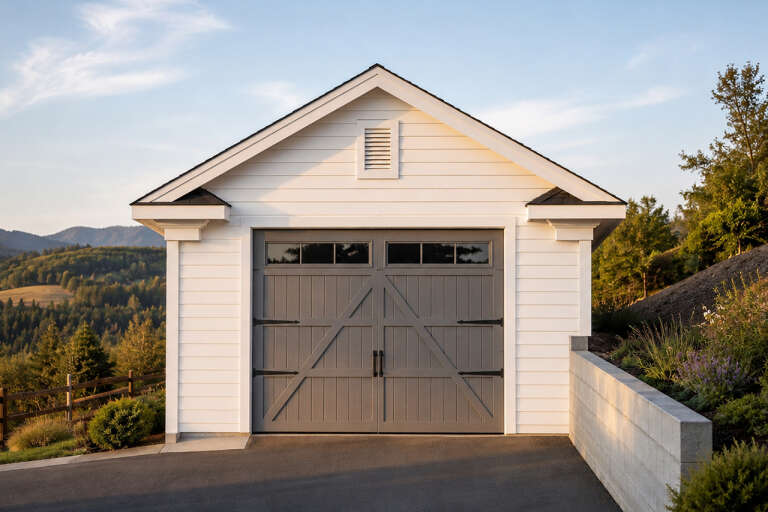 White Modern Farmhouse, Front Elevation, horizontal lap siding, grey carriage garage door, black hardware, hillside view. House Plan # 035-01237 Digital Rendering by America's Best House Plans, Inc.