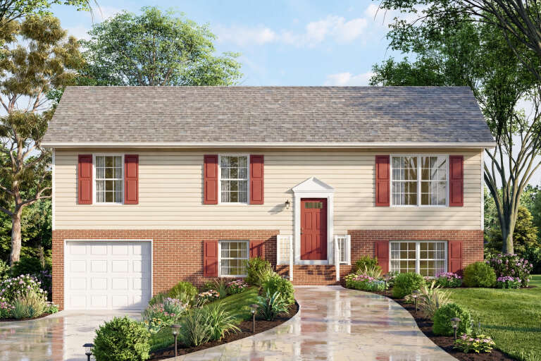 Beige Traditional Front Elevation, brick base, red shutters, red front door, stone walkway, lush landscaping, path lights. House Plan # 699-00549 Digital Rendering by America's Best House Plans, Inc.