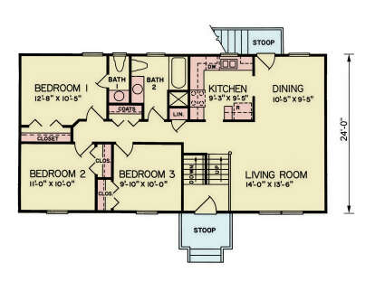 Main Floor: 3BR, 2BA, Living, Dining, Kitchen, 3 closets, linen closet, coat closet, stairs, 2 stoops. House Plan # 699-00549 Main Floor Floor Plan Drawing by America's Best House Plans, Inc.