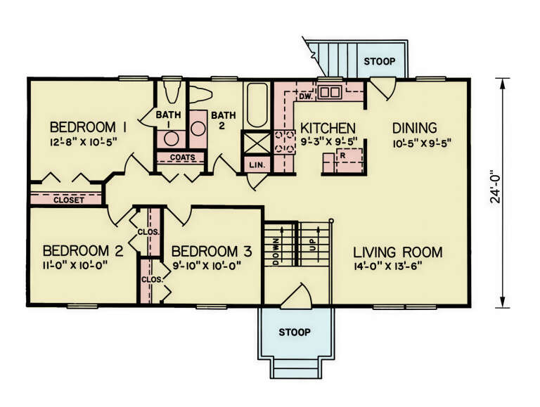 Main Floor: 3BR, 2BA, Living, Dining, Kitchen, 3 closets, linen closet, coat closet, stairs, 2 stoops. House Plan # 699-00549 Main Floor Floor Plan Drawing by America's Best House Plans, Inc.