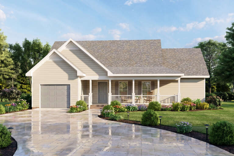 Beige Country Front Elevation, horizontal siding, covered porch with white railing, stone driveway, lush garden landscaping. House Plan # 699-00550 Digital Rendering by America's Best House Plans, Inc.