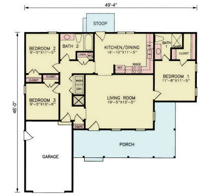 Main Floor: 3BR, 2BA, Living, Kitchen/Dining, Ldry, closets, 1-car garage, porch, stoop. Unheated: garage, porch, stoop. House Plan # 699-00550 Main Floor Floor Plan Drawing by America's Best House Plans, Inc.