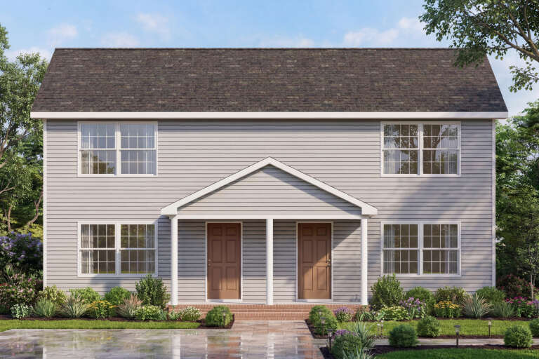 Grey Traditional Front Elevation, horizontal siding, dual brown doors, brick porch, lush landscaping, and path lighting. House Plan # 699-00551 Digital Rendering by America's Best House Plans, Inc.