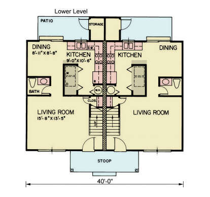 Lower Level: Duplex plan, 2 Living, 2 Kitchen, 2 Dining, 2 Bath, 2 Laundry, 2 Storage, 2 Patio, 2 Stoop, central stairs. House Plan # 699-00551 Main Floor Floor Plan Drawing by America's Best House Plans, Inc.