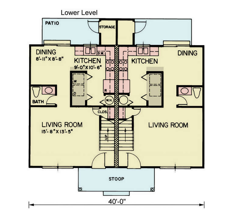 Lower Level: Duplex plan, 2 Living, 2 Kitchen, 2 Dining, 2 Bath, 2 Laundry, 2 Storage, 2 Patio, 2 Stoop, central stairs. House Plan # 699-00551 Main Floor Floor Plan Drawing by America's Best House Plans, Inc.
