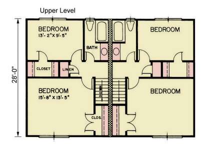 Second Floor: 4BR, 1BA, central stairs, multiple closets and linen storage. House Plan # 699-00551 Second Floor Floor Plan Drawing by America's Best House Plans, Inc.