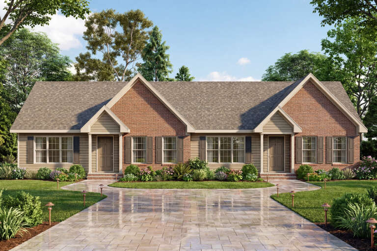 Red brick Traditional, Front Elevation, tan siding, dual entries, dark shutters, stone walkway, and landscape lighting. House Plan # 699-00552 Digital Rendering by America's Best House Plans, Inc.