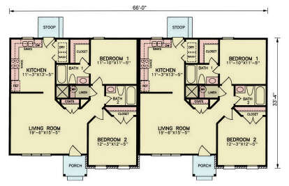 Main Floor: Duplex, each unit has 2BR, 2BA, Living, Kitchen, Ldry, closets, stoop, porch. Unheated: stoops and porches. House Plan # 699-00552 Main Floor Floor Plan Drawing by America's Best House Plans, Inc.