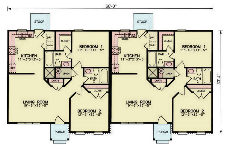 Main Floor: Duplex, each unit has 2BR, 2BA, Living, Kitchen, Ldry, closets, stoop, porch. Unheated: stoops and porches. House Plan # 699-00552 Main Floor Floor Plan Drawing by America's Best House Plans, Inc.