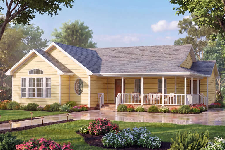 Yellow Traditional, Angled Front Elevation with lap siding, covered porch, white railings, stone path, and lush garden. House Plan # 699-00553 Digital Rendering by America's Best House Plans, Inc.