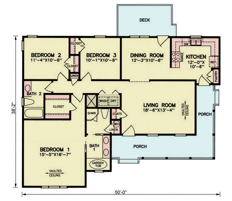 Main Floor: 3BR, 2BA, Kitchen, Dining, Vaulted Living, Ldry, Pantry. 2 Porches, Deck. Vaulted Master. Unheated: Porches, Deck. House Plan # 699-00553 Main Floor  Floor Plan Drawing by America's Best House Plans, Inc.