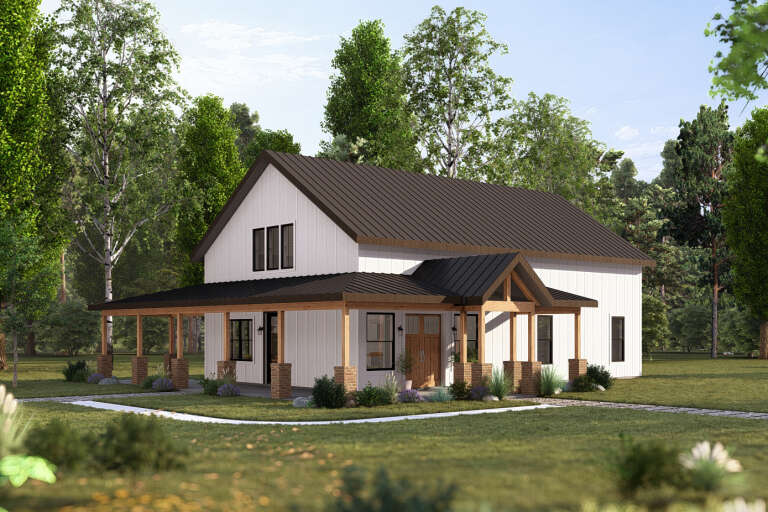 White Modern Farmhouse, Angled Front Elevation, board-and-batten siding, metal roof, brick pillars, wooden porch beams. House Plan # 3822-00007 Digital Rendering by America's Best House Plans, Inc.