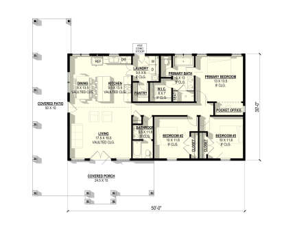 Main Floor: 3BR, 2BA, Vaulted Living/Dining/Kitchen, Pocket Office, Ldry, Pantry, WIC, Covered Patio, Covered Porch, 9' Clg. House Plan # 3822-00007 Main Floor Floor Plan Drawing by America's Best House Plans, Inc.