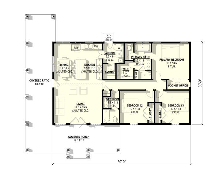 Main Floor: 3BR, 2BA, Vaulted Living/Dining/Kitchen, Pocket Office, Ldry, Pantry, WIC, Covered Patio, Covered Porch, 9' Clg. House Plan # 3822-00007 Main Floor Floor Plan Drawing by America's Best House Plans, Inc.