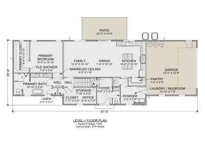 Main Floor: 1BR, 1.5BA, Family, Dining, Kitchen, Office, Foyer, Ldry/Mud, Pantry, 2-car garage, Patio. Barreled ceiling. House Plan # 1625-00001 Main Floor Floor Plan Drawing by America's Best House Plans, Inc.