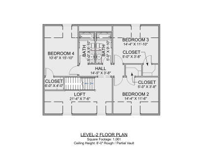 Second Floor: 3BR, 2BA, Loft, Hall, 3 Closets, Stairs. Partial Vaulted ceiling. 1,061 heated sq ft. House Plan # 1625-00001 Second Floor Floor Plan Drawing by America's Best House Plans, Inc.