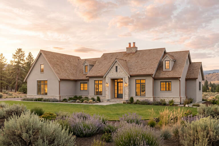 Taupe European, Angled Front Elevation, stucco and stone siding, cedar roof, copper gutters, lit windows, lush landscape. House Plan # 8937-00129 Digital Rendering by America's Best House Plans, Inc.