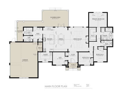 Main Floor: 3BR, 2.5BA, Great Room, Kitchen, Dining, Flex, Pantry, Ldry, Mud, 3-car garage, 2 Cov'd Patios, Porch, Vaults. House Plan # 8937-00129 Main Floor  Floor Plan Drawing by America's Best House Plans, Inc.