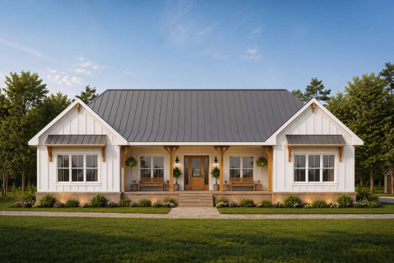 White Modern Farmhouse, Front Elevation, board-and-batten siding, metal roof, wood accents, porch benches, landscaping. House Plan # 7568-00067 Digital Rendering by America's Best House Plans, Inc.