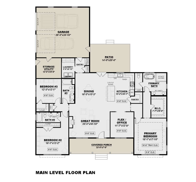 Main Floor: 3BR, 2.5BA, Great Rm, Dining, Kitchen, Flex, Ldry, 2-car garage, Patio, Covered Porch, Gas FP, Tray Ceiling. House Plan # 7568-00067 Main Floor  Floor Plan Drawing by America's Best House Plans, Inc.