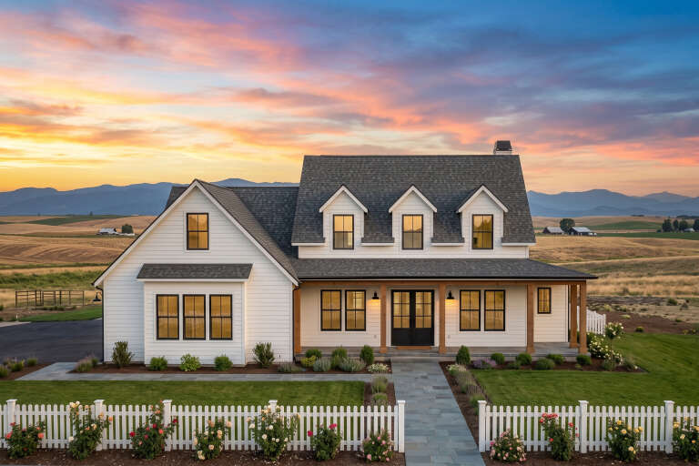 White Modern Farmhouse, Front Elevation at sunset, lap siding, stone porch, wood posts, black windows, white picket fence. House Plan # 7983-00205 Digital Rendering by America's Best House Plans, Inc.