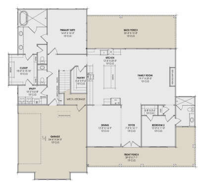 Main Floor: 2BR, 2.5BA, Kitchen, Family, Dining, Foyer, Ldry, Pantry, 2-car garage, 2 Porches, Fireplace, 10' ceilings. House Plan # 7983-00205 Main Floor  Floor Plan Drawing by America's Best House Plans, Inc.