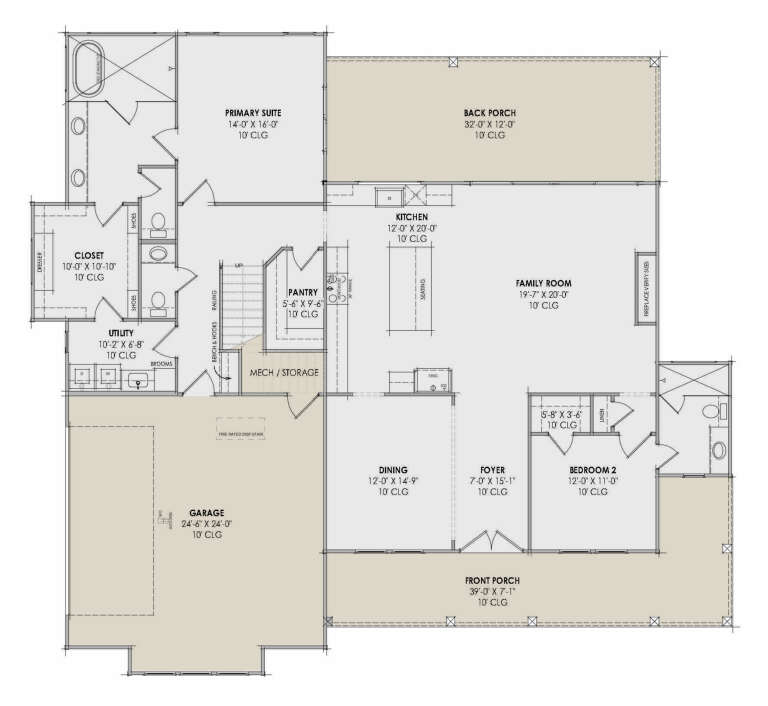 Main Floor: 2BR, 2.5BA, Kitchen, Family, Dining, Foyer, Ldry, Pantry, 2-car garage, 2 Porches, Fireplace, 10' ceilings. House Plan # 7983-00205 Main Floor  Floor Plan Drawing by America's Best House Plans, Inc.