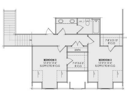 Second Floor: 2 BR, 1 BA, stairs, linen closets, WIC. Sloped ceilings (5' to 8') in bedrooms. House Plan # 7983-00205 Second Floor Floor Plan Drawing by America's Best House Plans, Inc.