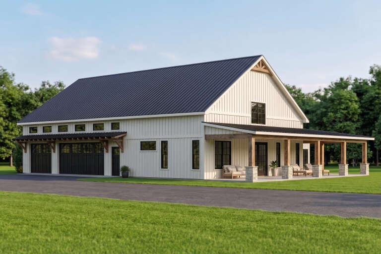 White Barndominium, Angled Front Elevation, board-and-batten siding, metal roof, wood porch posts, stone base, patio. House Plan # 5032-00470 Digital Rendering by America's Best House Plans, Inc.