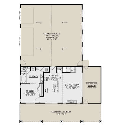 Main Floor: 1BR, 1BA, Kitchen, Living, Ldry, 3-car garage, stairs, Screened Porch, Covered Porch. Cathedral clg in garage. House Plan # 5032-00470 Main Floor  Floor Plan Drawing by America's Best House Plans, Inc.