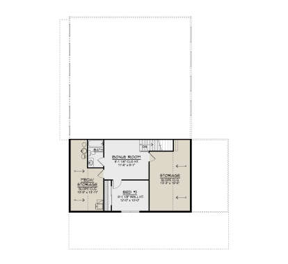 Second Floor: 1BR, 1BA, Bonus Room, Mech/Storage, large Storage area, stairs. Slope ceilings in storage areas. House Plan # 5032-00470 Second Floor Floor Plan Drawing by America's Best House Plans, Inc.