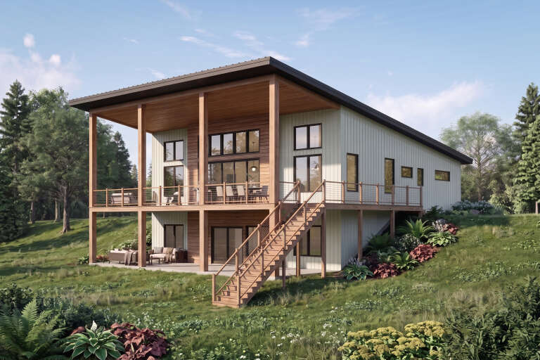Off-white Modern, Angled Rear Elevation, board-and-batten siding, wood accents, elevated deck, stairs, lush landscaping. House Plan # 5032-00471 Digital Rendering by America's Best House Plans, Inc.