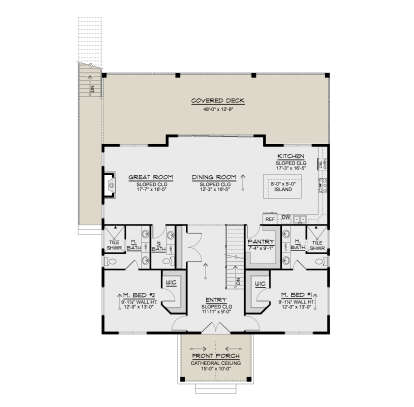 Main Floor: 2BR, 2.5BA, Great Room, Dining, Kitchen, Pantry, Entry, WIC, Stairs, Covered Deck, Front Porch. Sloped ceilings. House Plan # 5032-00471 Main Floor  Floor Plan Drawing by America's Best House Plans, Inc.