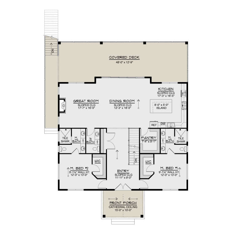 Main Floor: 2BR, 2.5BA, Great Room, Dining, Kitchen, Pantry, Entry, WIC, Stairs, Covered Deck, Front Porch. Sloped ceilings. House Plan # 5032-00471 Main Floor  Floor Plan Drawing by America's Best House Plans, Inc.