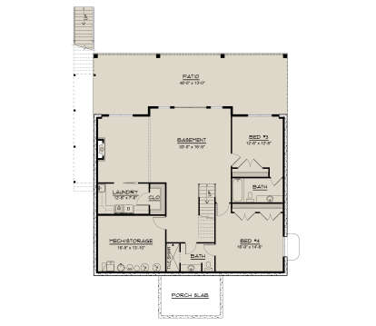 Basement: 2BR, 2BA, Rec room, Ldry, Mech/Storage, fireplace, stairs, Patio, Porch slab. Unheated: Patio, Porch, Mech/Storage. House Plan # 5032-00471 Basement Floor Plan Drawing by America's Best House Plans, Inc.