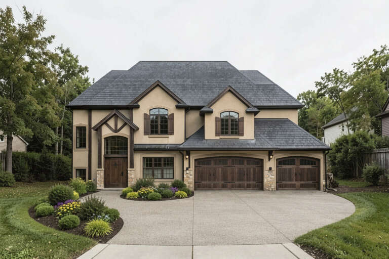 Tan European Front Elevation, stucco siding, stone accents, dark wood trim, arched garage doors, and lush landscaping. House Plan # 4440-00015 Digital Rendering by America's Best House Plans, Inc.