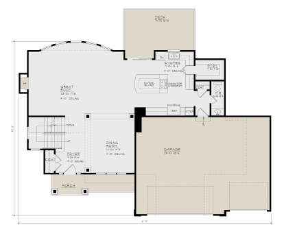 Main Floor: Great Room, Kitchen, Dining, Foyer, P.R., Pantry, 3-car garage, Deck, Porch, FP, 9' ceilings, 19' foyer ceiling. House Plan # 4440-00015 Main Floor Floor Plan Drawing by America's Best House Plans, Inc.