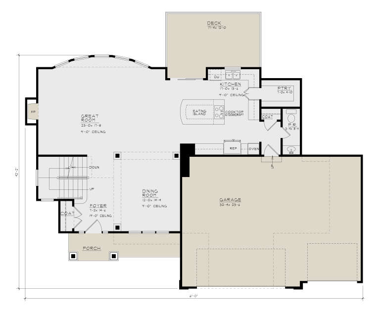 Main Floor: Great Room, Kitchen, Dining, Foyer, P.R., Pantry, 3-car garage, Deck, Porch, FP, 9' ceilings, 19' foyer ceiling. House Plan # 4440-00015 Main Floor Floor Plan Drawing by America's Best House Plans, Inc.