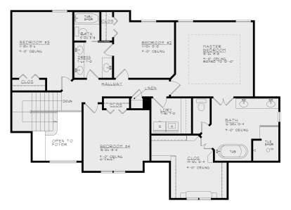 Second Floor: 4BR, 2BA, Ldry, stairs, WIC. Master tray ceiling, BR4 vaulted ceiling, open to foyer. 9' ceilings throughout. House Plan # 4440-00015 Second Floor Floor Plan Drawing by America's Best House Plans, Inc.