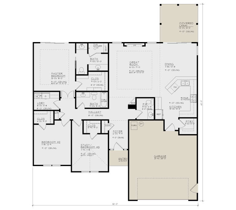 Main Floor: 3BR, 2.5BA, Great Room w/ FP, Kitchen, Dining, Ldry, Pantry, 2-car garage, Covered Lanai. Vaulted Study/BR3. House Plan # 4440-00016 Main Floor Floor Plan Drawing by America's Best House Plans, Inc.