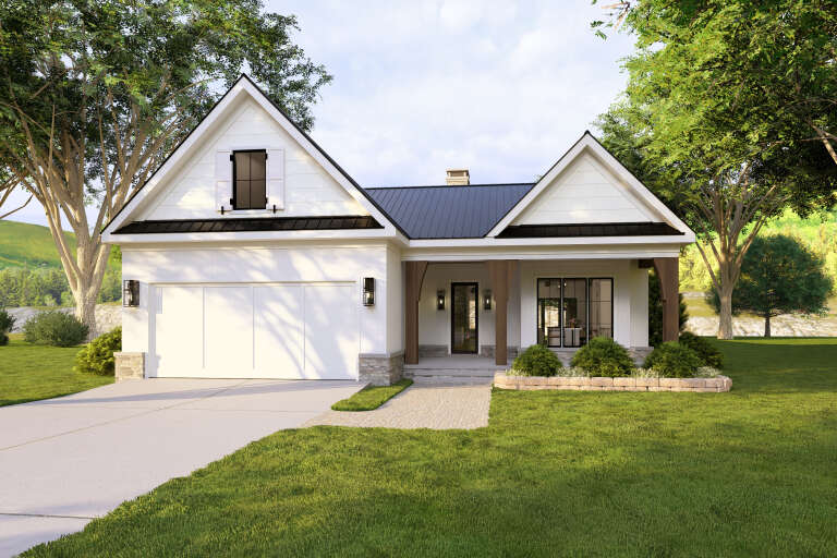 White Modern Farmhouse, Angled Front Elevation, board-and-batten siding, metal roof, stone base, wood posts, paver path. House Plan # 8687-00032 Digital Rendering by America's Best House Plans, Inc.