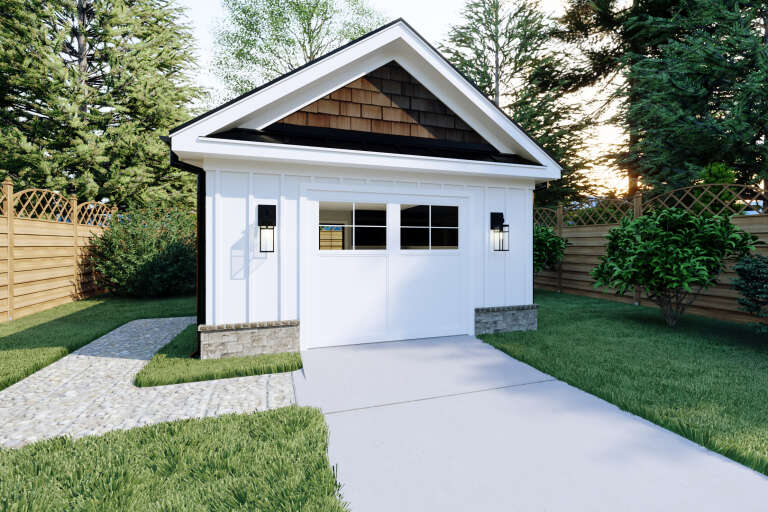 White Craftsman, Angled Left Elevation, board-and-batten siding, stone base, lantern sconces, and pebble walkway. House Plan # 8687-00033 Digital Rendering by America's Best House Plans, Inc.