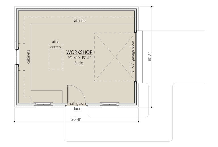 Main Floor: Workshop, 8' garage door, half-glass entry door, built-in cabinets, attic access, 8' ceiling height. House Plan # 8687-00033 Main Floor Floor Plan Drawing by America's Best House Plans, Inc.