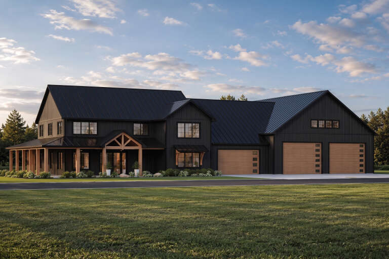Black Barndominium, Angled Front Elevation, metal roof, vertical siding, wood accents, three-car garage, lush landscaping. House Plan # 5032-00472 Digital Rendering by America's Best House Plans, Inc.