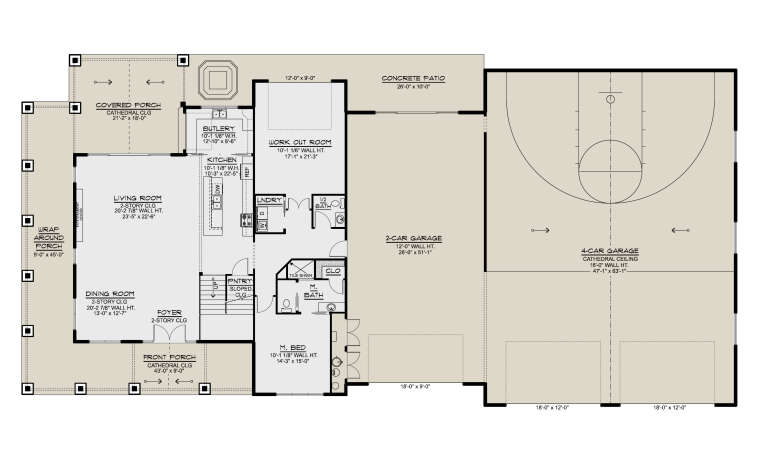 Main Floor: 1BR, 1.5BA, Kitchen, Butlery, Living, Dining, Foyer, Workout, Ldry, 6-car garage, Patio, Wrap-around Porch. House Plan # 5032-00472 Main Floor Floor Plan Drawing by America's Best House Plans, Inc.
