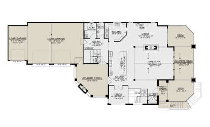 Main Floor: Office, 1BA, Kitchen, Dining, Great Rm, Mud Rm, Ldry, 3-car garage, 2 Decks, 2 Porches, Cathedral ceilings. House Plan # 5032-00473 Main Floor Floor Plan Drawing by America's Best House Plans, Inc.