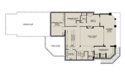Basement: 1BR, 2BA, Family, Bar, Exercise, Locker, Pantry, Storage. Garage, Covered Patio, Porch, Stairs. Unheated: Garage/Patio. House Plan # 5032-00473 Basement Floor Plan Drawing by America's Best House Plans, Inc.