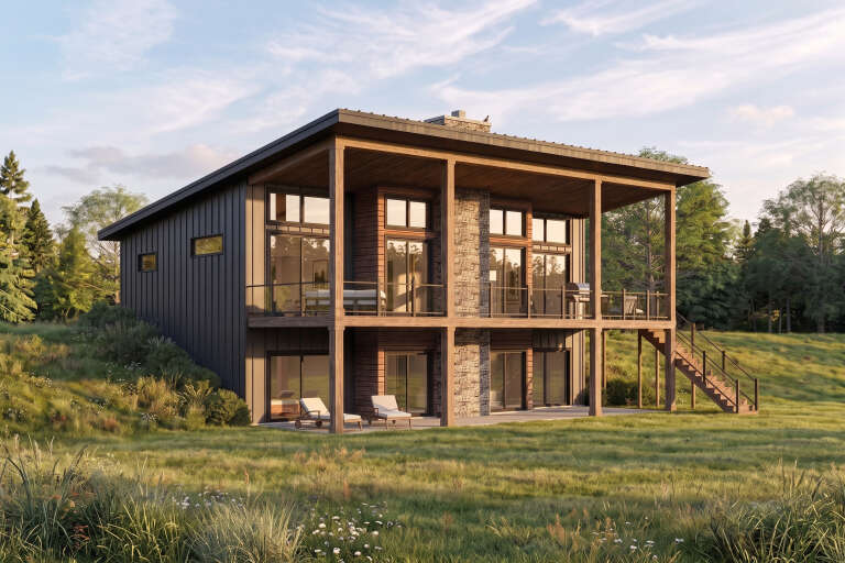 Charcoal Modern, Angled Rear Elevation, metal siding, stone chimney, wood accents, dual-level decks, grassy hillside. House Plan # 5032-00474 Digital Rendering by America's Best House Plans, Inc.